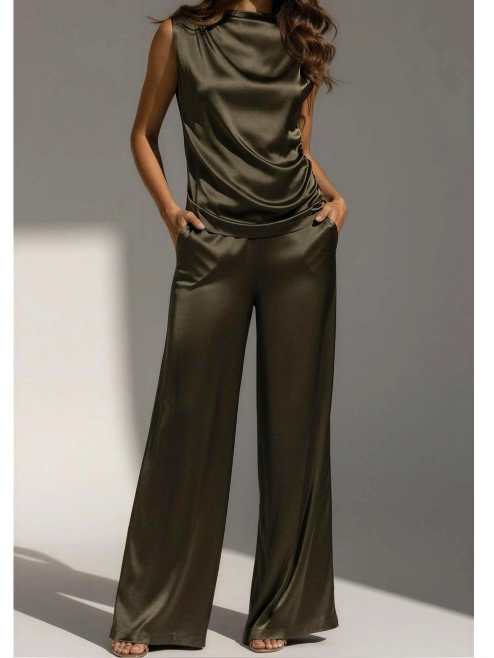 JAKI LONDON Cole Luxe Satin Wide Leg Pants, Khaki, Large